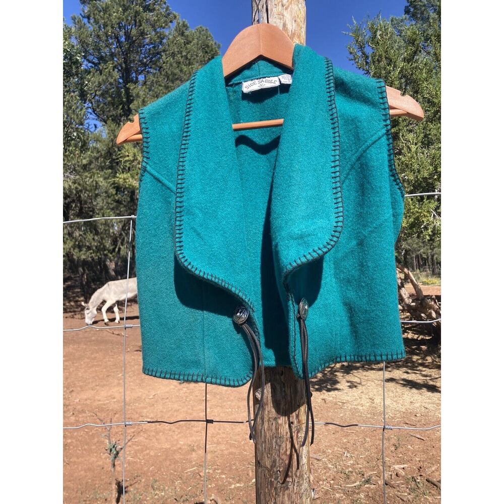 Vtg 80s Concho Southwest Wool Vest Side Saddle Turquoise Western A La Woolrich